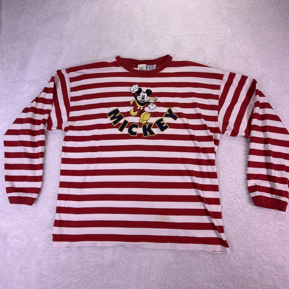 VTG The Disney Store Embroidered Mickey Mouse Run, Red/White‎ Striped Womens XL